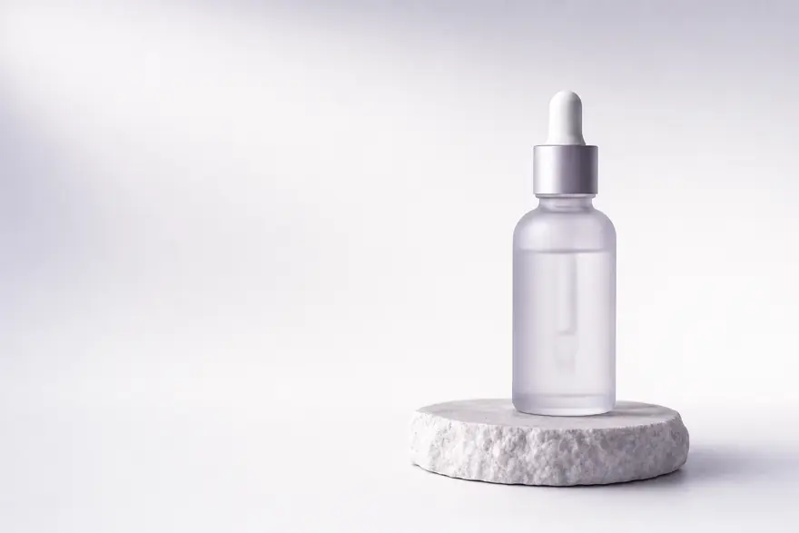 Campaign creative: a frosted glass serum bottle on a pale stone plinth.